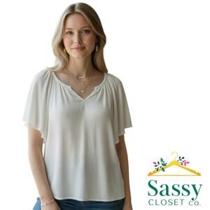 ✨ TOMMY BAHAMA White Flutter Sleeve Relaxed Blouse Medium Resort EUC 🏝️